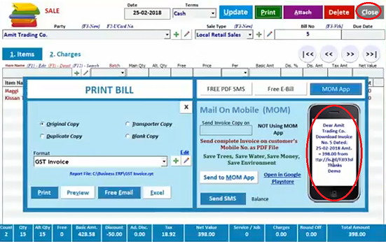 Free Send Invoice PDF to customers via Free Email and Free SMS